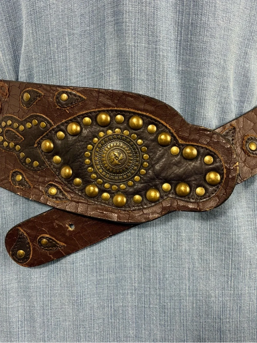 Chicos Womens belt Sz S Brown Genuine Leather Studded patchwork Brass Accents